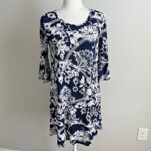 Espresso Cocktail Dress Women's S Navy Blue Floral Bell Sleeves Stretch Knit